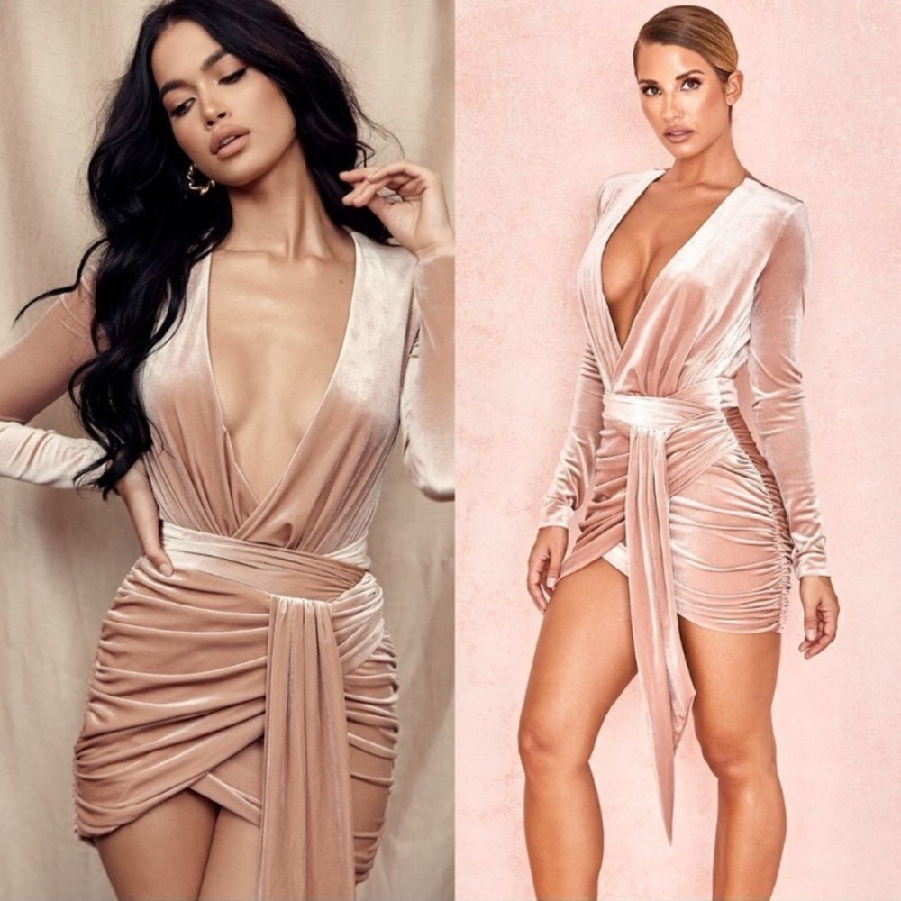 House of CB London Blush Farrah Ruched Velvet Mini Dress